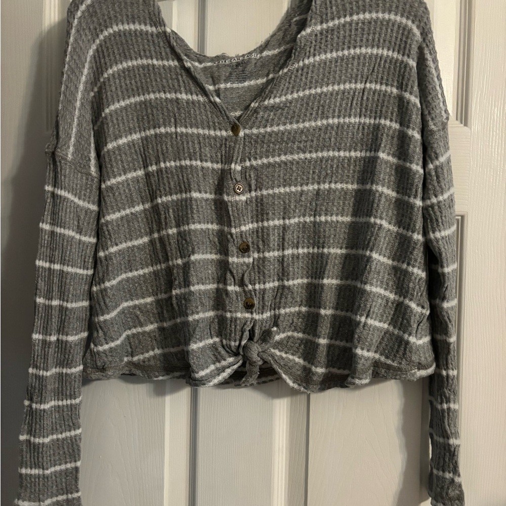 American Eagle Outfitters Gray and White Striped Button-Down Shirt